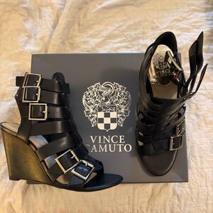 Vince Camuto Black Strappy Buckled Wedge Sandals - NWB SZ 8.5